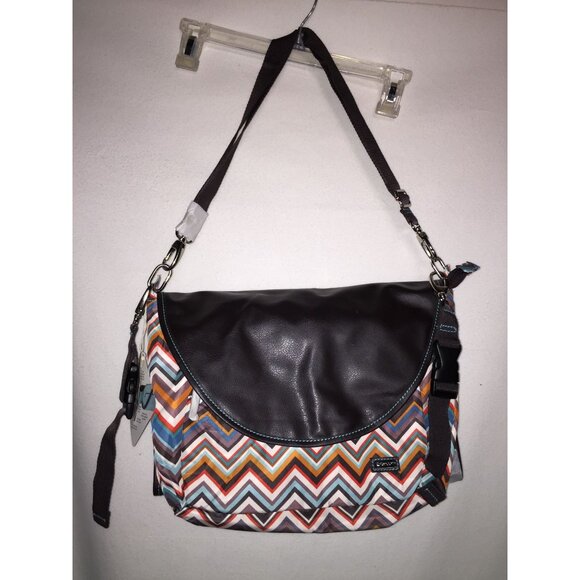 Kalencom New Orleans Diaper Bag Chevron Print & Faux Leather Flap Messenger - Picture 2 of 8